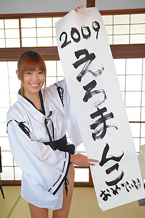 Nasty teen Yuuno Hoshi does nude calligraphy